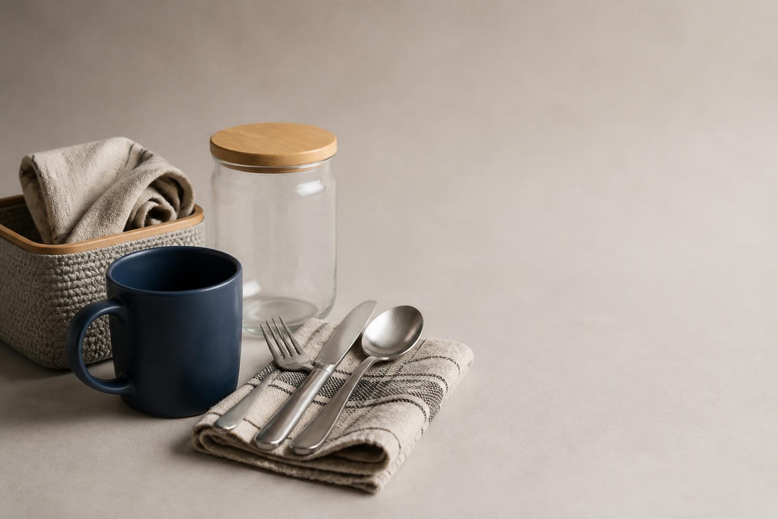 A premium arrangement of XYLENIQ home essentials: matte navy ceramic mug, glass storage jar with bamboo lid, stainless cutlery on a linen tea towel, and a woven storage basket